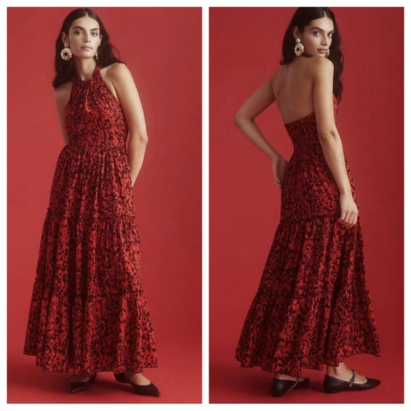 Payal Jain Tiered Shoulder-Tie Dress Anthropologie Red & Black Maxi Halter - Picture 1 of 16